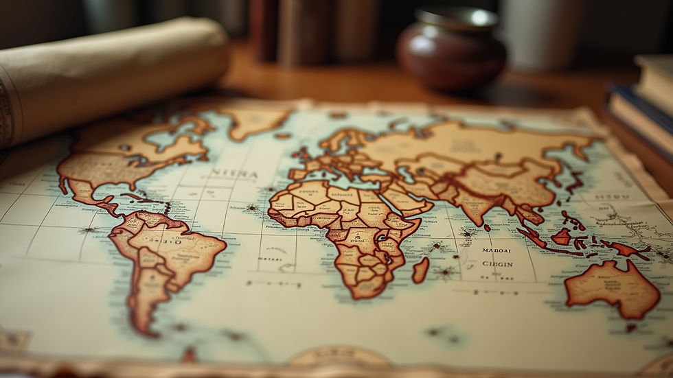 Close-up view of an old historical map spread on a table