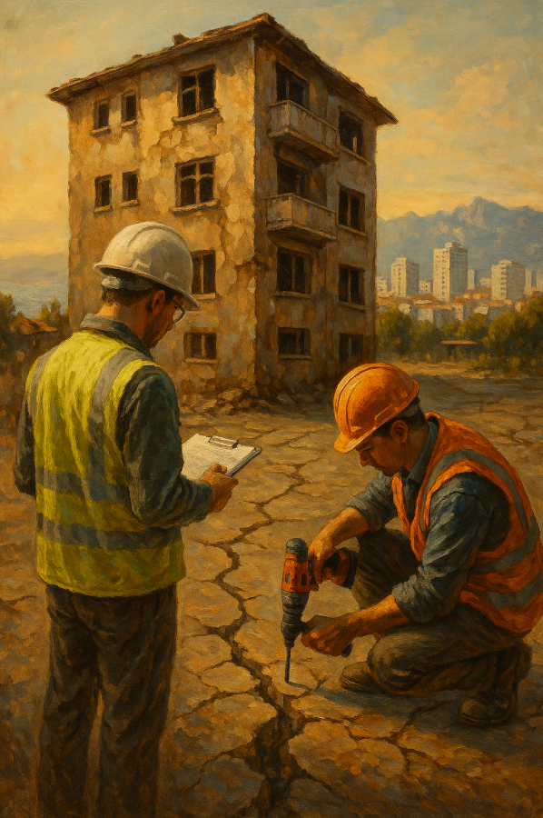 mühendisler numune alıyor, zeminde çatlaklar görülüyor