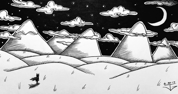 A lone warrior gazes out at the moon above the rounded hills and mountains in the distance. Illustration Ink on Paper.
