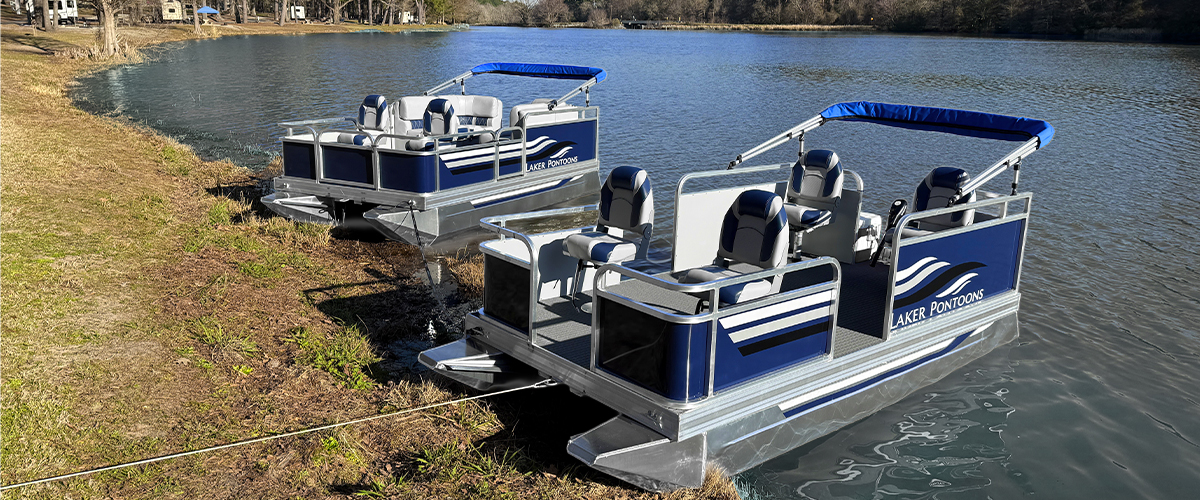 Real Laker pontoon boats at the lake shore