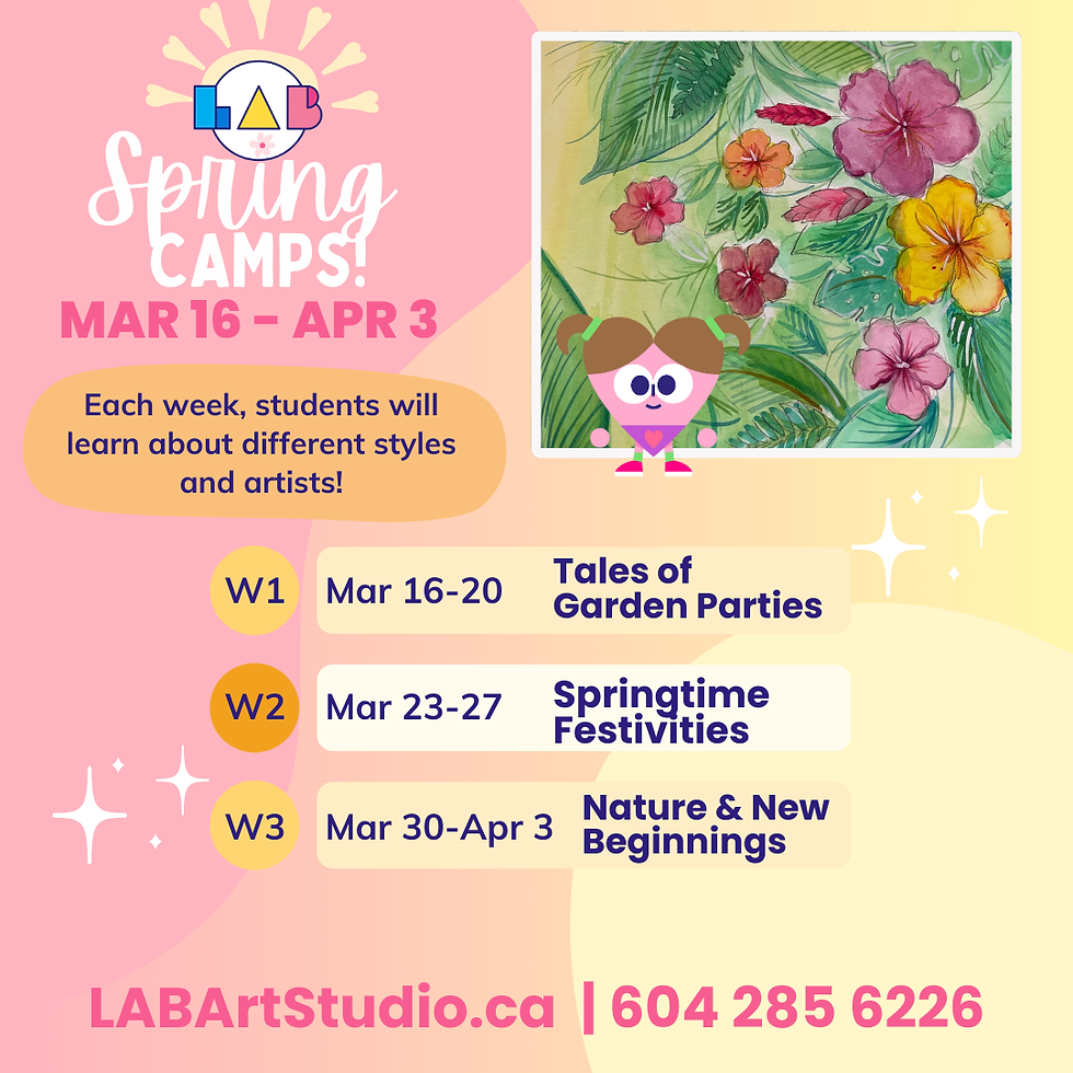 Spring camps poster with dates and themes. Floral art, cartoon character, and contact info. Text: "LAB Spring Camps! Mar 16-Apr 3."