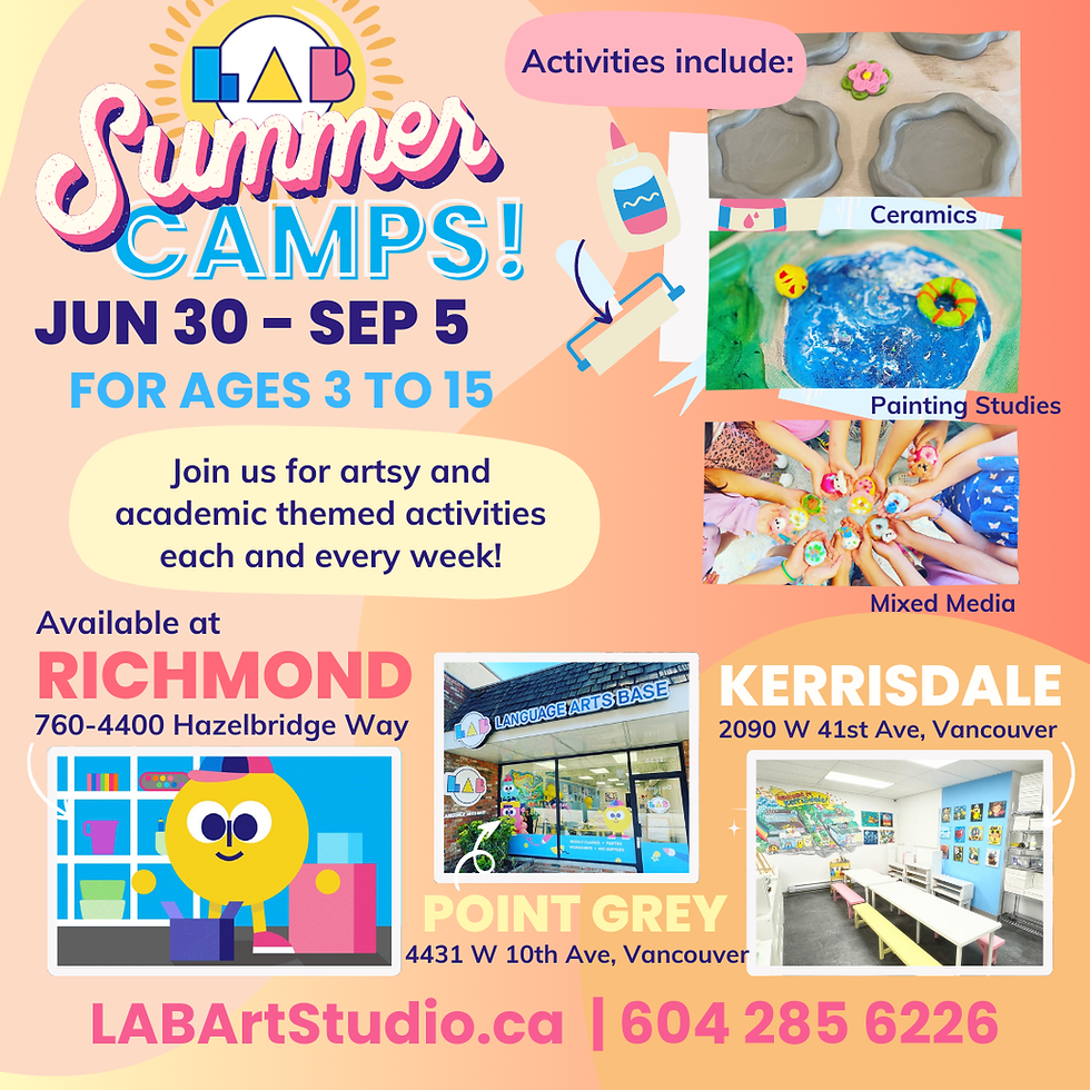 Join us for Summer Camps! Different art activities each week at Richmond, Point Grey, Kerrisdale