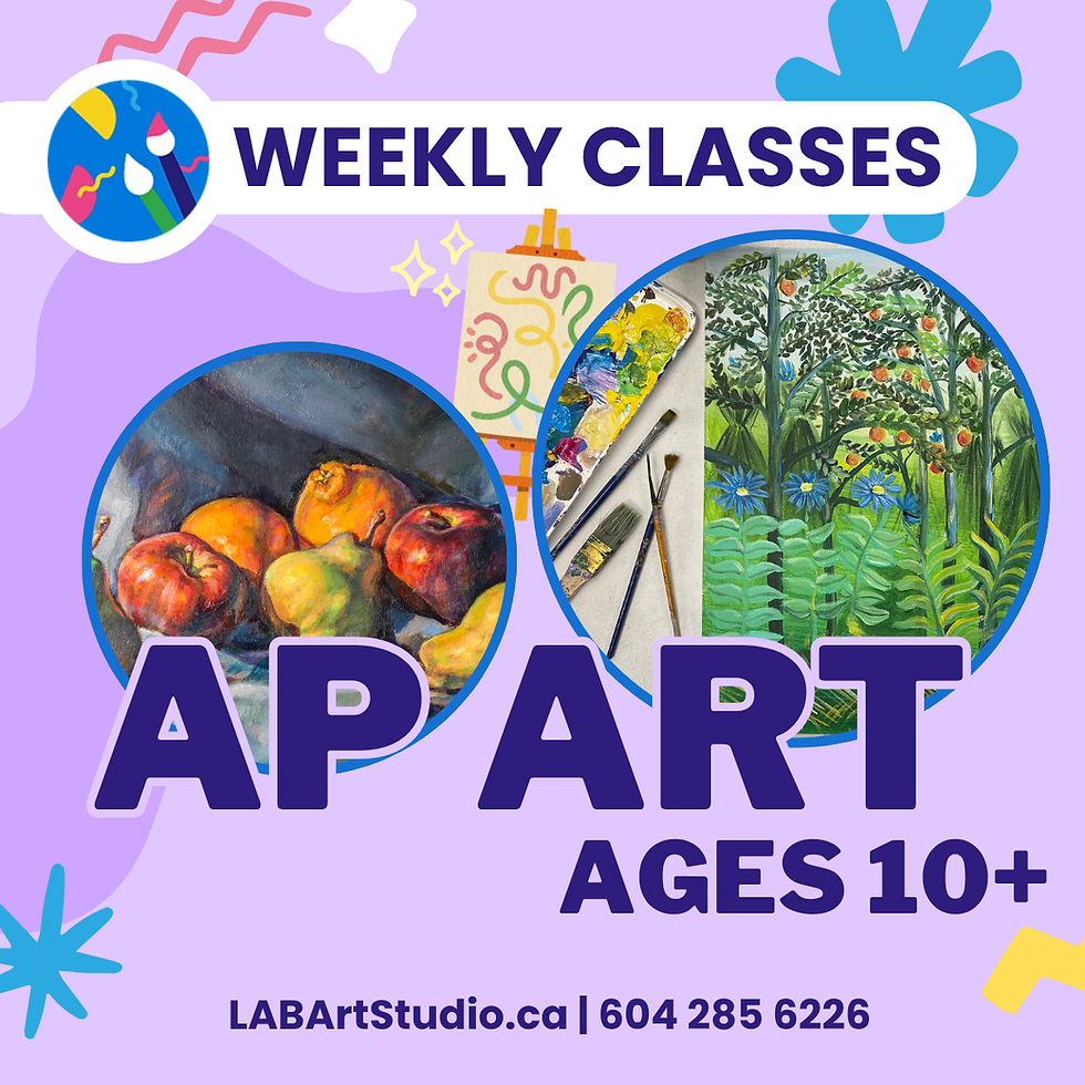AP Art classes, ages 10+. Features fruit still life, floral painting, and brushes. LABArtStudio.ca, 604 285 6226.