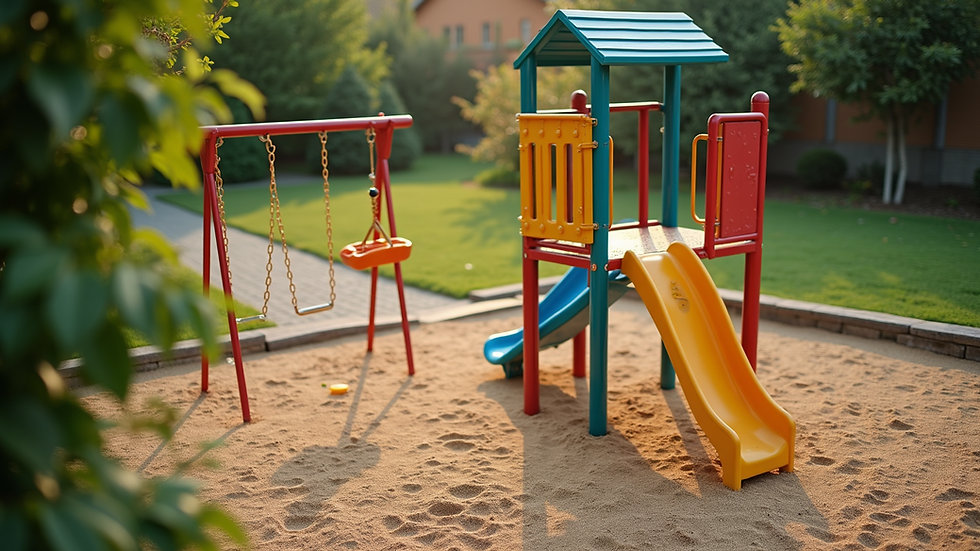 High angle view of outdoor playground with climbing equipment and sandpit