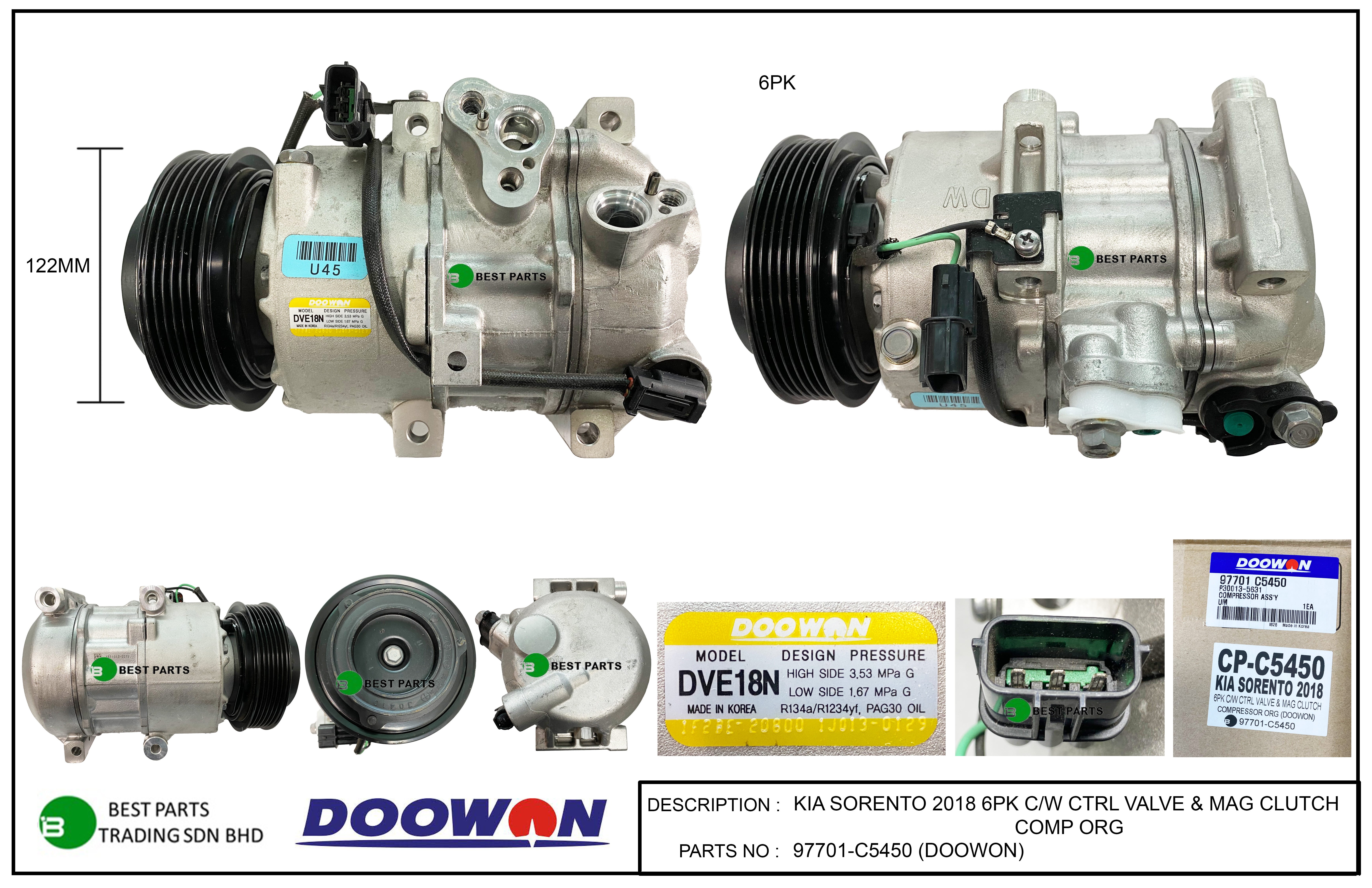 KIA SORENTO 2018 6PK COMPRESSOR ORG - 97701-C5450
