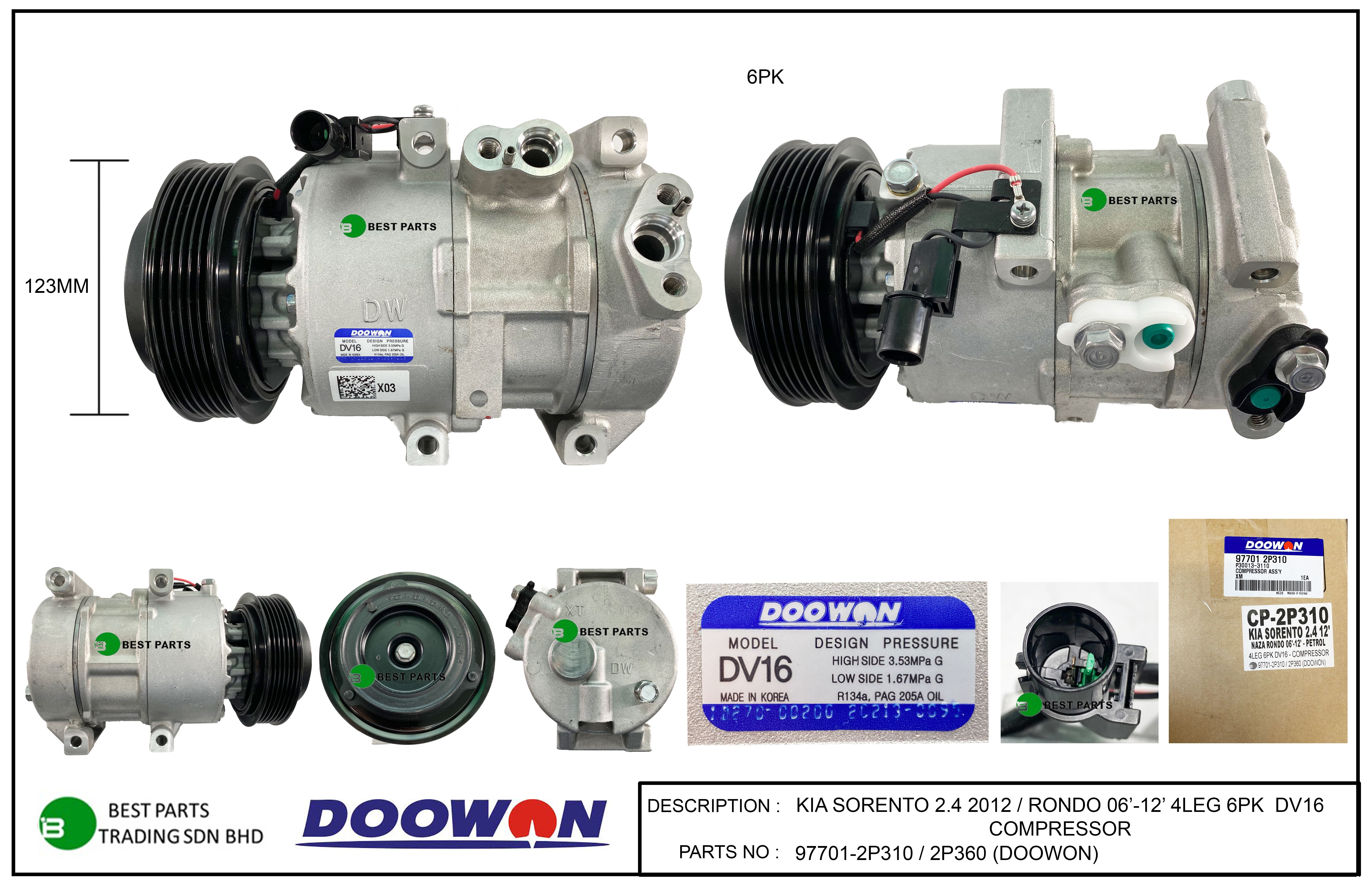 KIA SORENTO 2012 / RONDO 2006-2012 6PK COMPRESSOR - 97701- 2P310 / 2P360