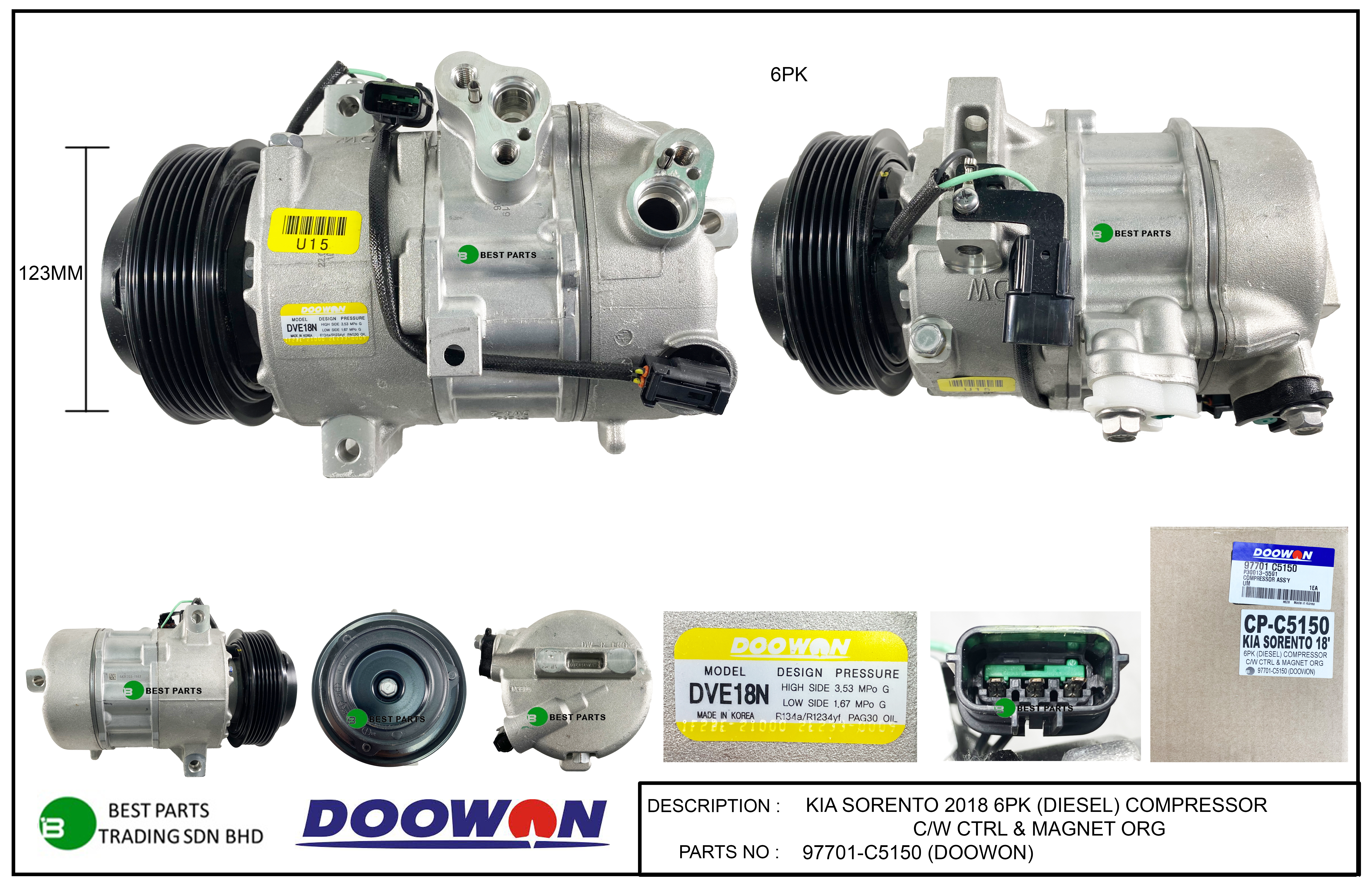 KIA SORENTO 2018 (DIESEL) 6PK COMPRESSOR ORG - 97701-C5150