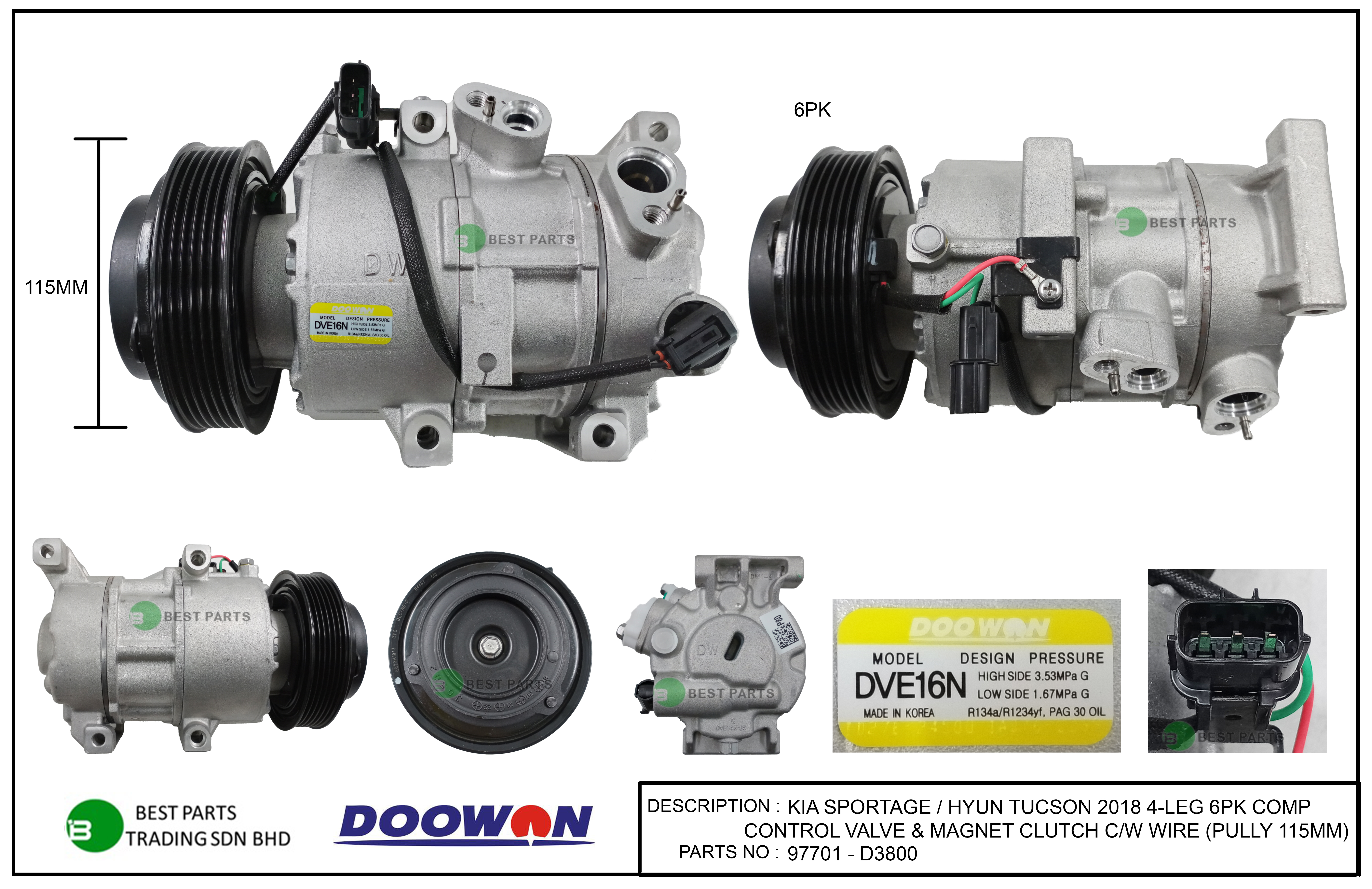 KIA SPORTAGE / HYUNDAI TUCSON 2018 6PK COMPRESSOR - 97701-D3800 (DOOWON)