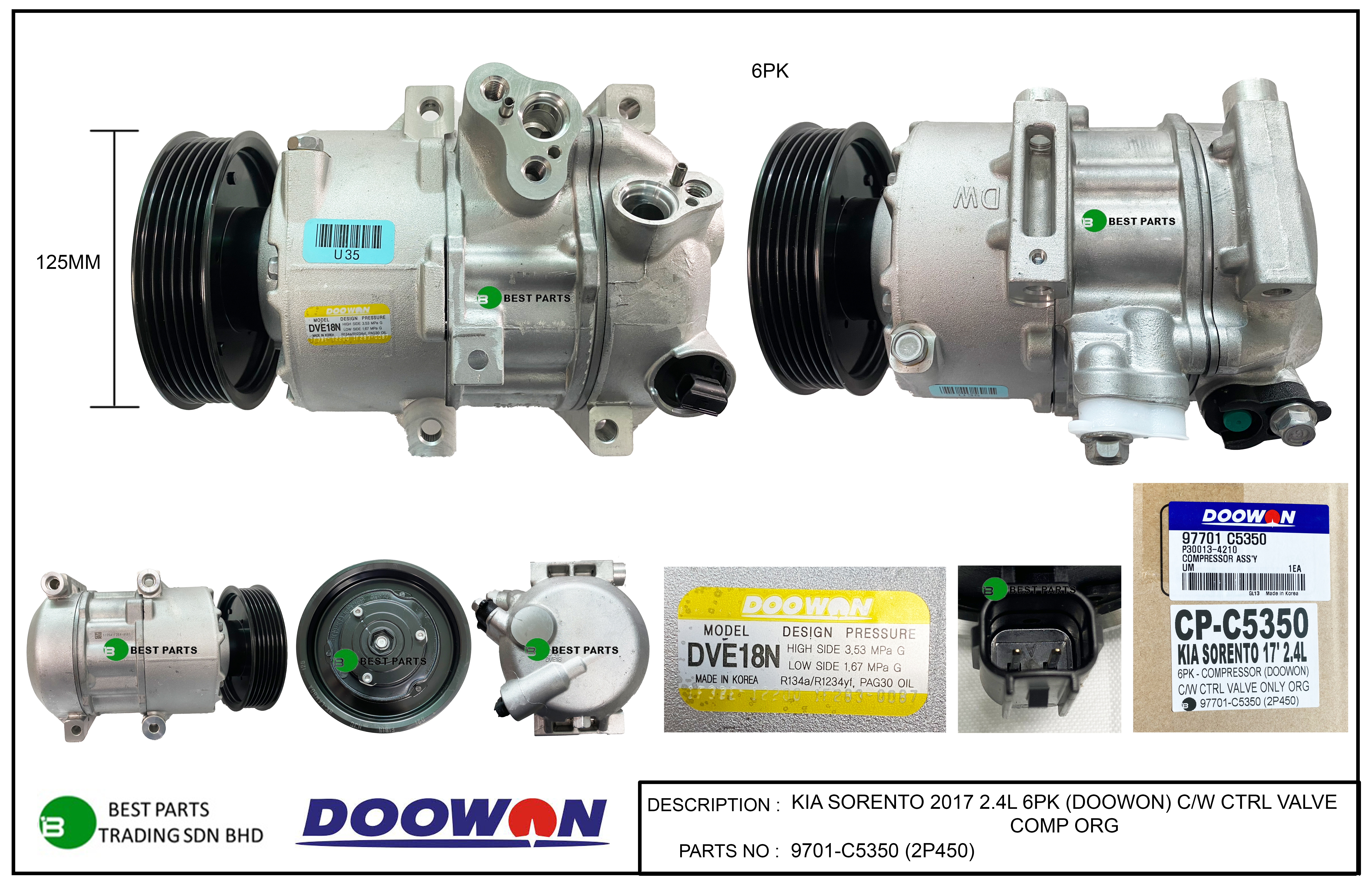 KIA SORENTO 2017 6PK COMPRESSOR ORG - 97701-C5350 (2P450)