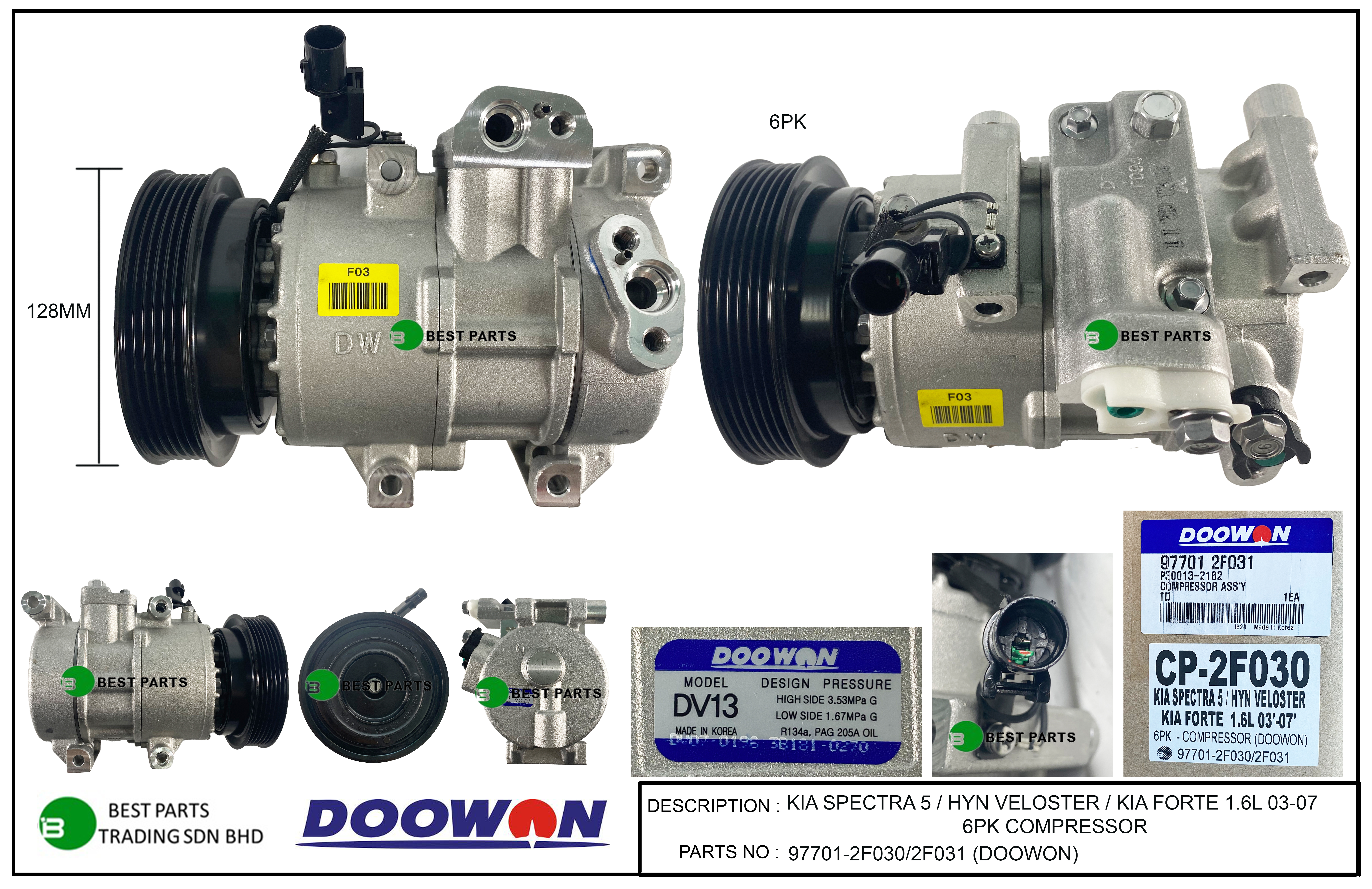 KIA SPECTRA 5 / HYUNDAI VOLESTER 6PK COMPRESSOR - 97701-2F030/2F031/1R000