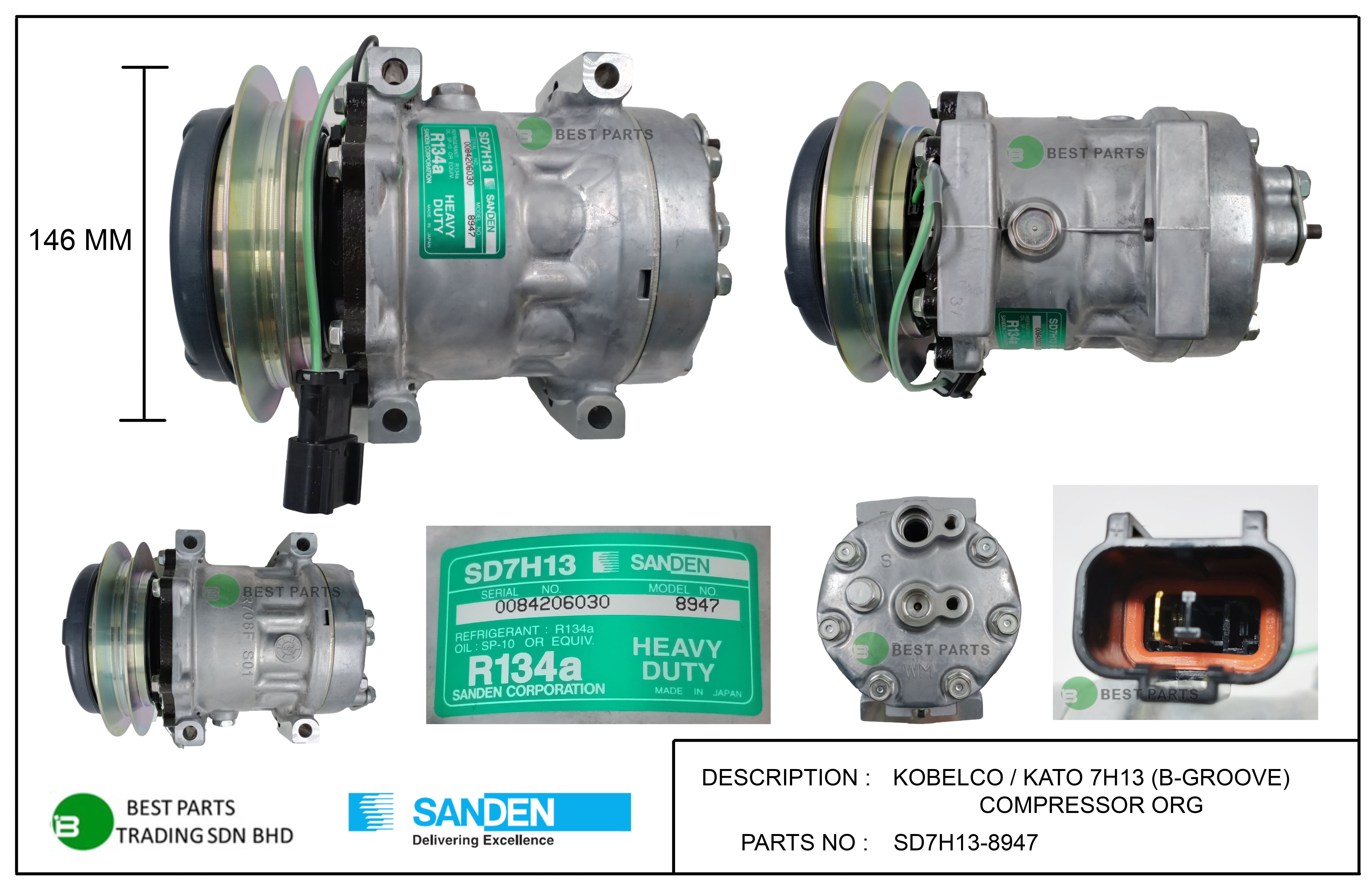 KOBELCO / KATO 7H13 24V (B-GROOVE) COMPRESSOR ORG - SD7H13-8947