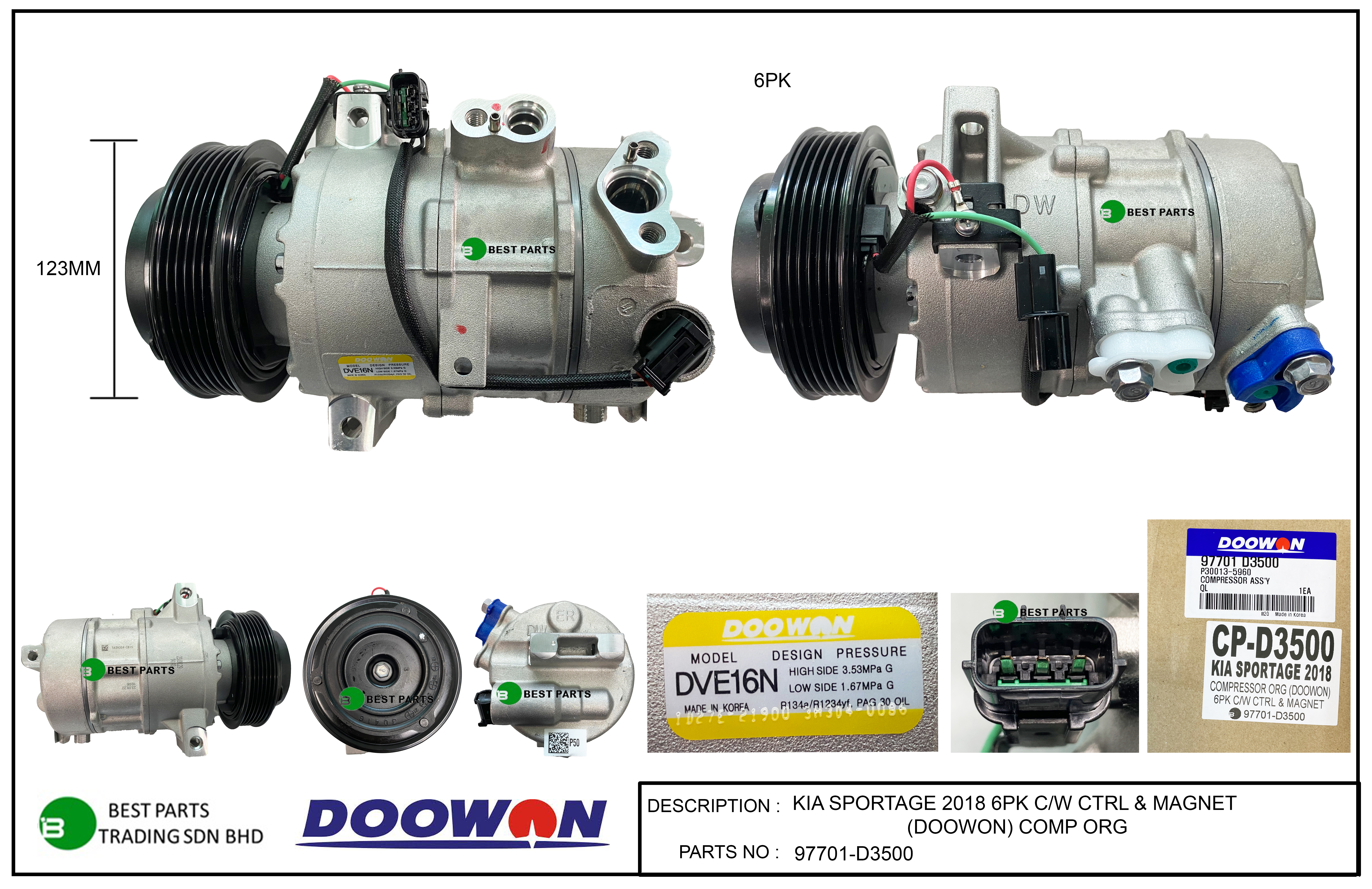 KIA SPORTAGE 2018 6PK COMPRESSOR ORG (C/W CONTROL &amp; MAGNET) - 97701-D3500