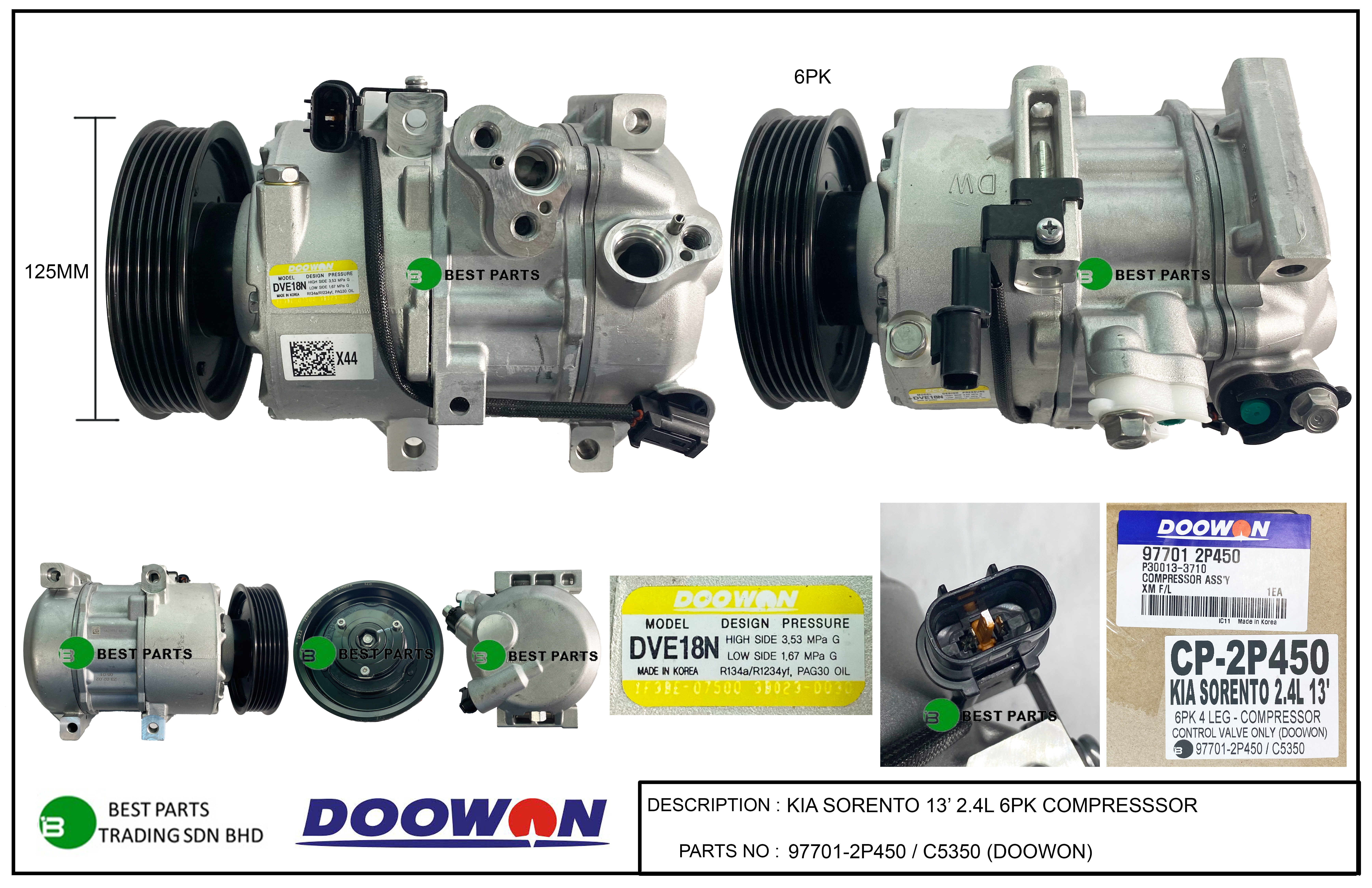 KIA SORENTO 2013 6PK COMPRESSOR ORG - 97701-2P450 (C5350)