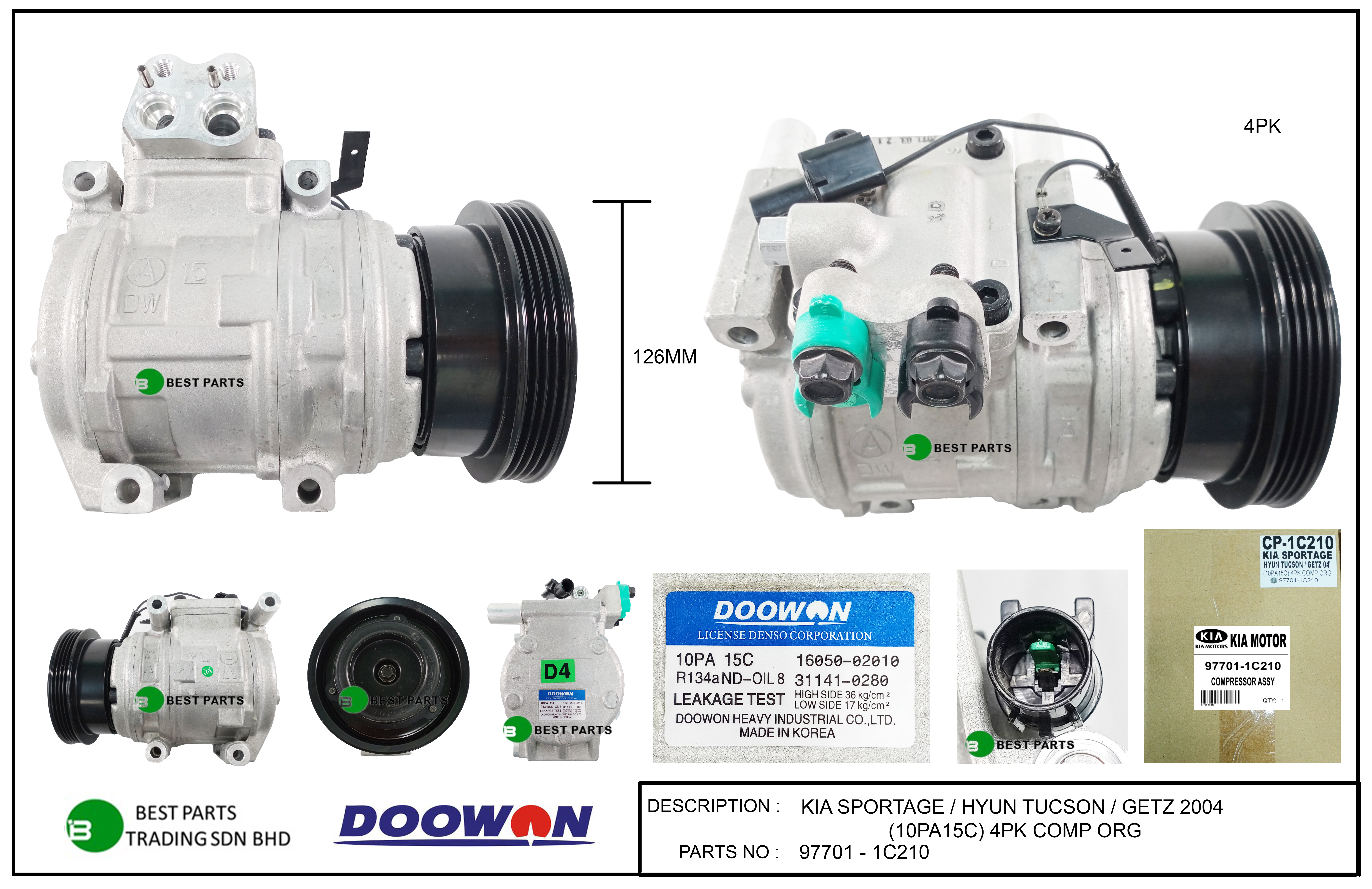 KIA SPORTAGE / HYUNDAI TUCSON / GETZ 2004 4PK COMPRESSOR ORG - 97701-1C210
