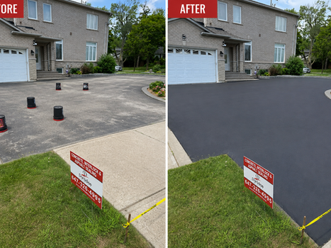 Before and after asphalt driveway sealing by Paradise Sealing