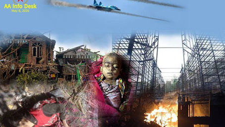ဖက်ဆစ် အကြမ်းဖက် စကမမှ အာရက္ခပြည်၊ မင်းပြားနှင့် ကျောက်တော်မြို့နယ်အတွင်းရှိ ကျေးရွာအချို့နှင့် အကျဉ်းထောင်အချို့ကို လေကြောင်းမှ ဗုံးကြဲတိုက်ခိုက်မှုအား နှစ်ကြိမ်တိုင် ယမန်နေ့တစ်ရက်တည်းအတွင်း ပြုလုပ်