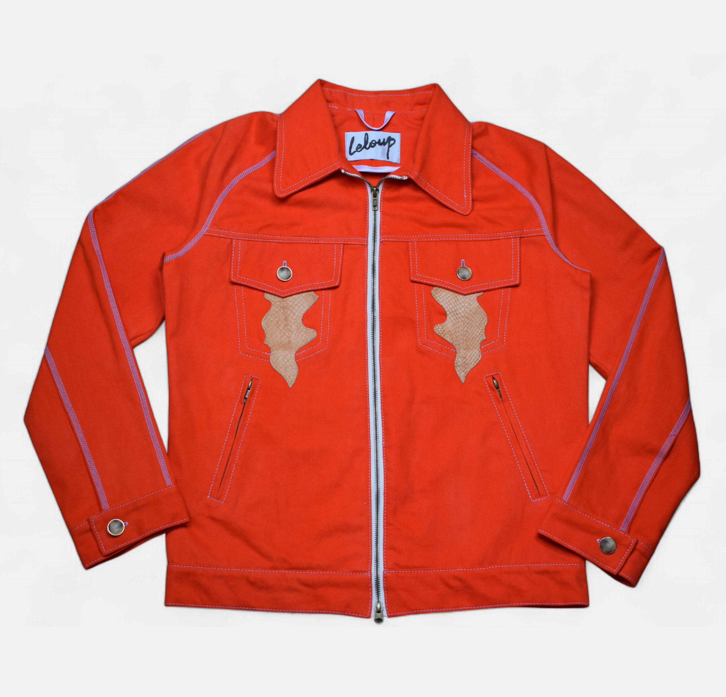 Veste en denim corail & cuir marin