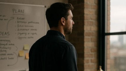 Man looking out of the window, strugling with internal alignment