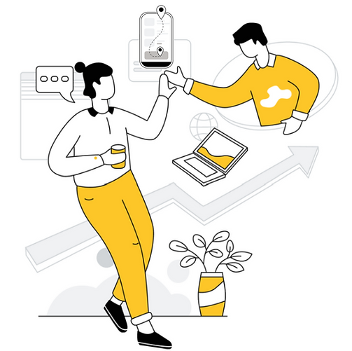 Depiction of users collaborating and sharing with each other.