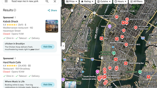 Map of New York with restaurant search results. Listings for "Kabob Shack" and "Hard Rock Cafe" are shown. Red markers indicate locations.