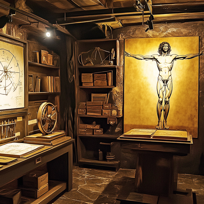 Leonardo Da Vinci's workshop with drawings, tools, and a detailed human figure study.