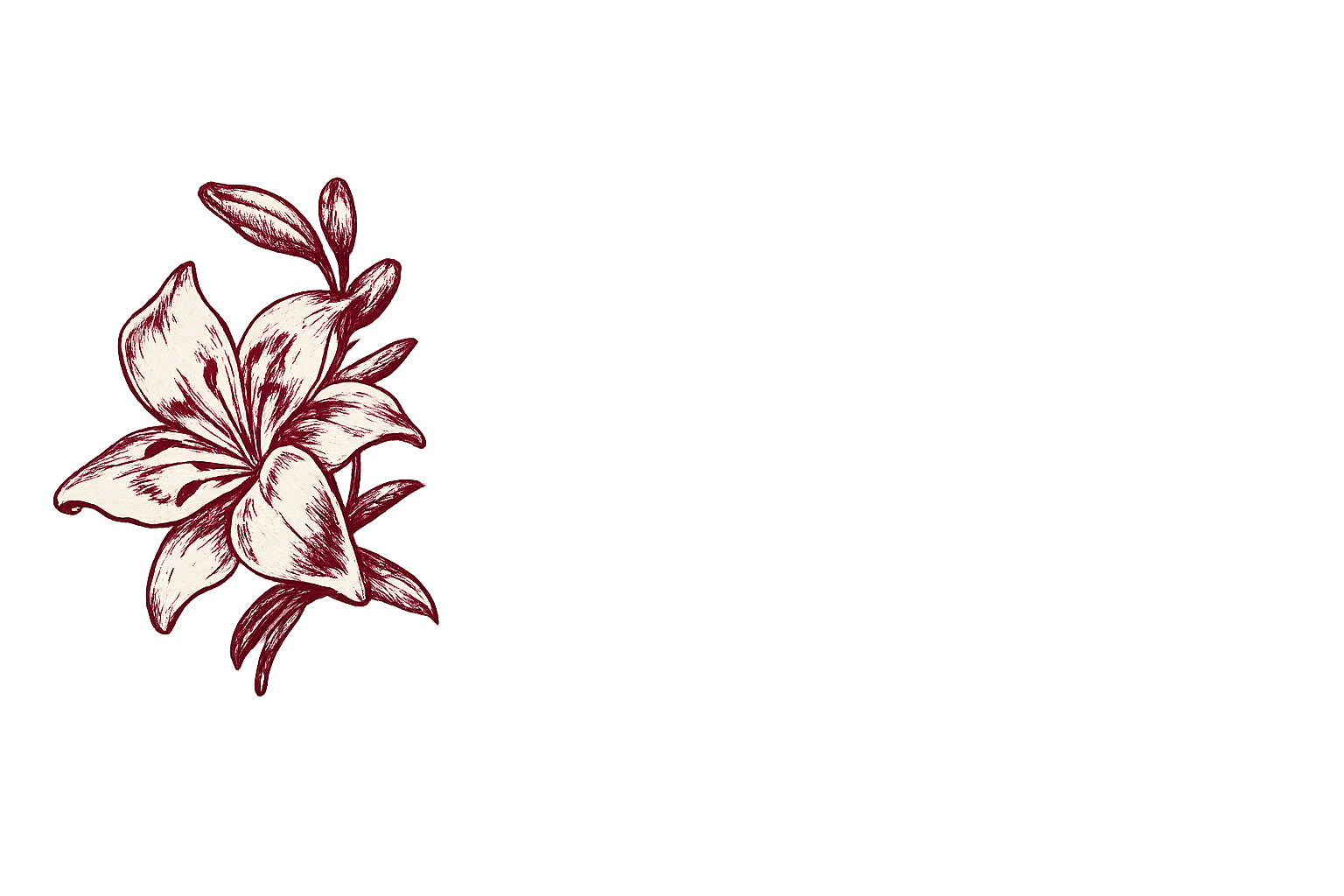 Stylized maroon and cream lily flower with elegant 'Eternal Memories' script.