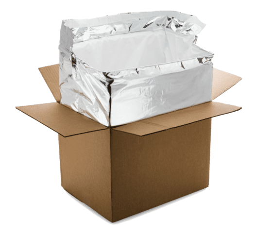 Picture of a silver metallic polyurethane thermal liner inside of a corrugated brown packaing container.
