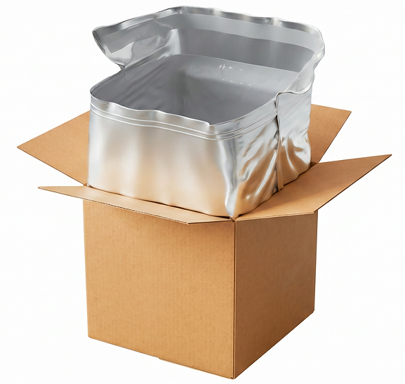 Picture of a silver metallic polyurethane thermal liner inside of a corrugated brown packaing container.