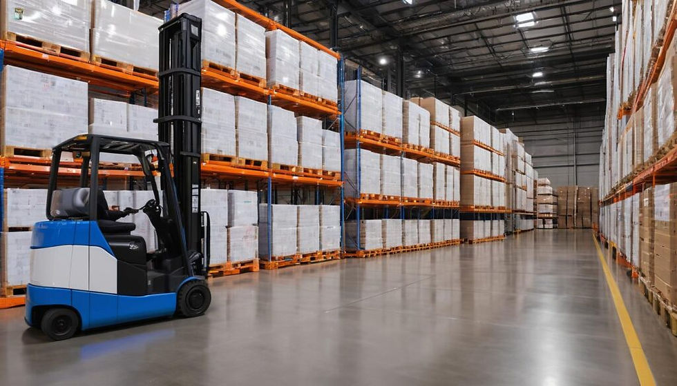 Blue and white forklift in a warehouse aisle beside tall orange racks stacked with palletized boxes, under bright industrial lighting