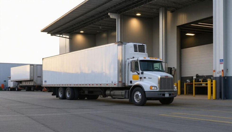 White semi truck parked at a warehouse loading dock, with another trailer in the background and yellow safety posts.