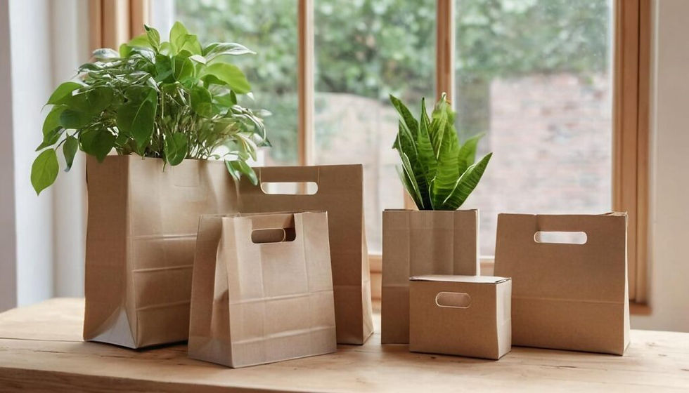 Paper shopping bags and potted green plants on a wooden table by a sunlit window, creating a calm, eco-friendly feel
