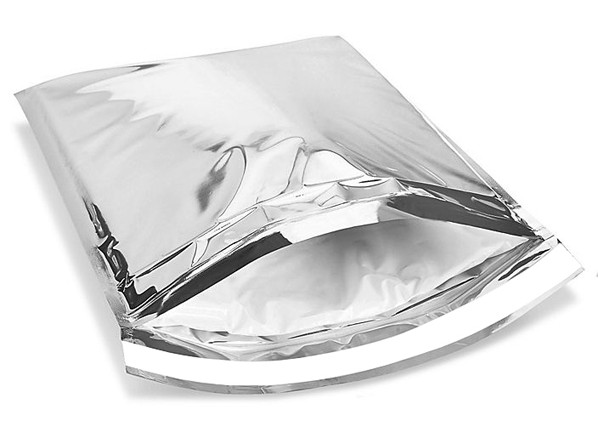 A therma; silver metallic shipping mailer with the flap open so you can see slightly inside.