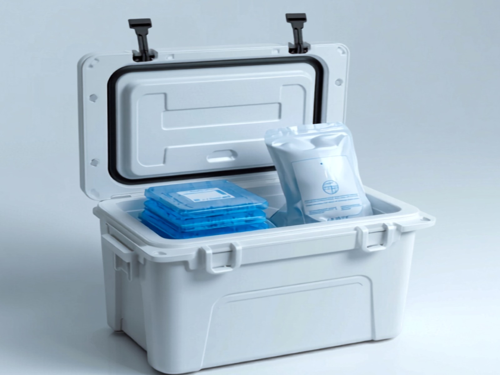 Open pharmaceutical cold shipper with stacked blue gel packs and sealed thermal pouch on a clean clinical blue-white background