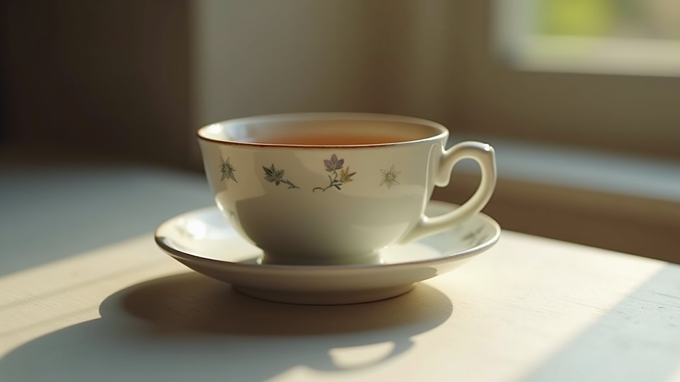 Eye-level view of a handmade ceramic tea cup with a simple, elegant design