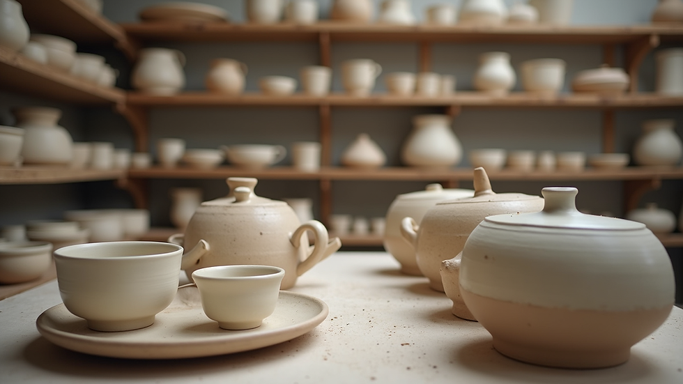 Eye-level view of a ceramic studio with shelves of handmade pottery