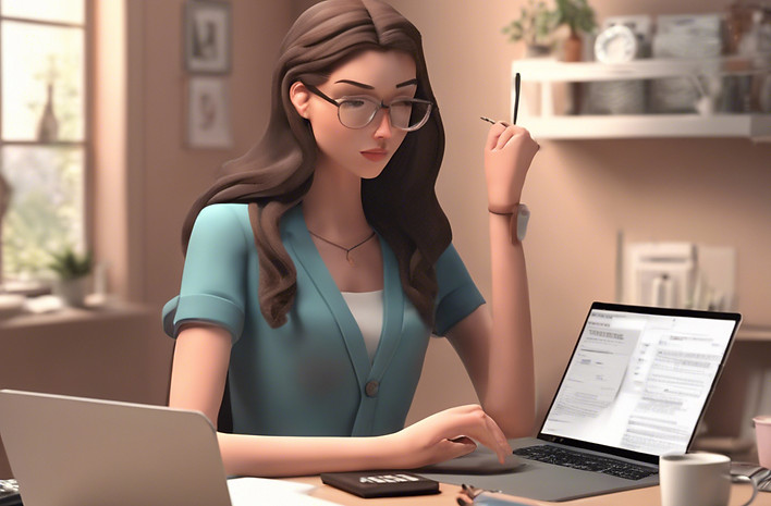 a woman working on her laptop on her des