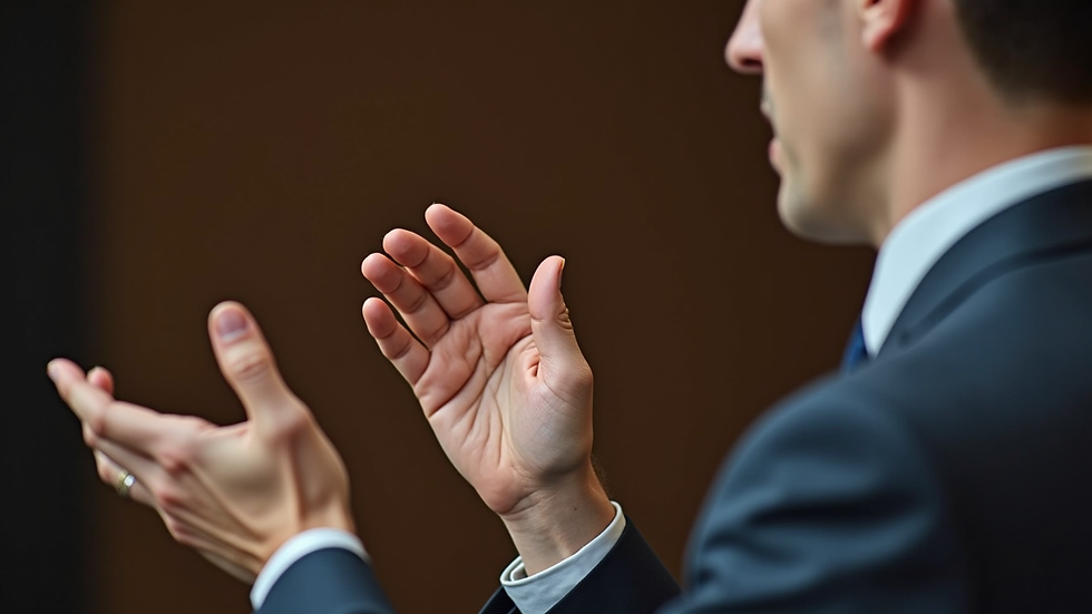 Close-up of a sign language interpreter using expressive hand movements