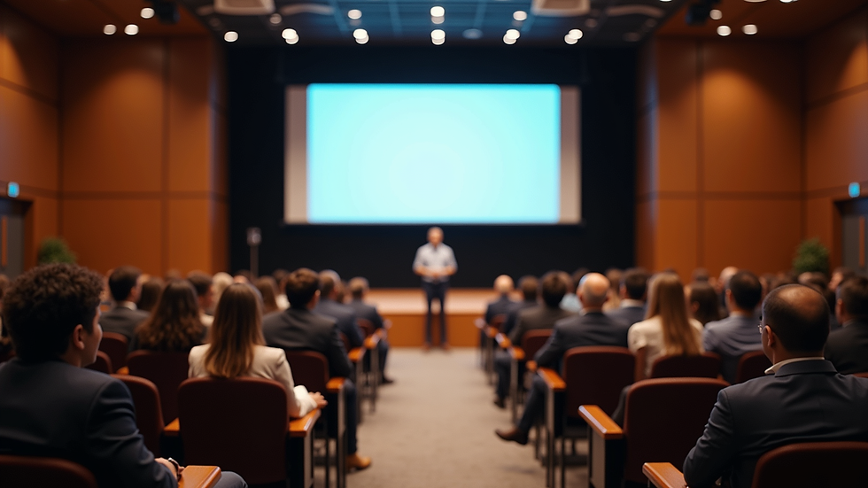 Eye-level view of a conference room with a sign language interpreter on stage