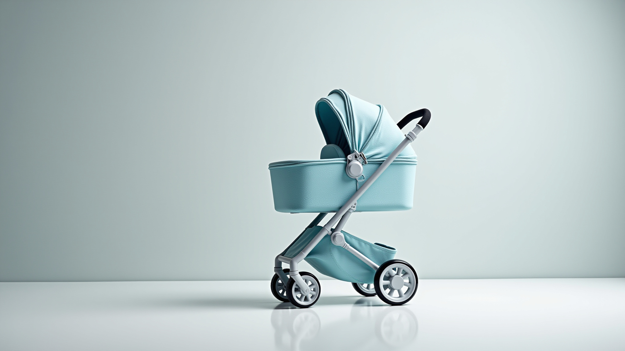 Modern blue stroller on white surface with a light green background. BabyGear Cleaning
