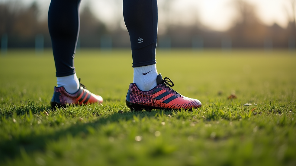 Close-up view of football boots on a grass field during training