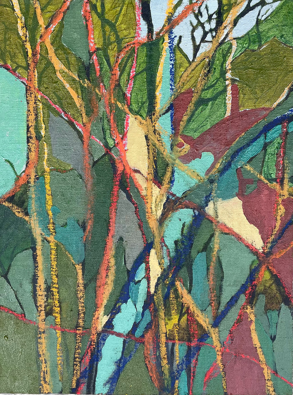 Judy Bould, Artist, Painting, Oil on canvas, The end of winter, Abstract, painting, composition, green, texture, layers, earthtones