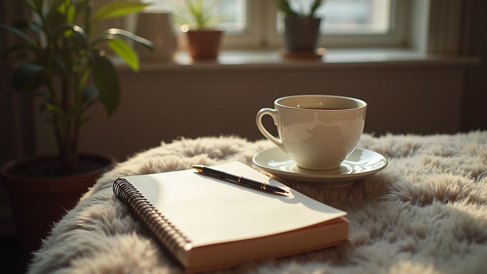 Eye-level view of a cozy corner with a journal and a cup of tea