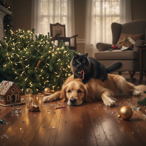 dog and cat playing brought down a christmas tree