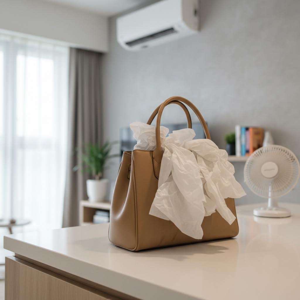 Leather bag stuffed with tissue paper drying in an air-conditioned room