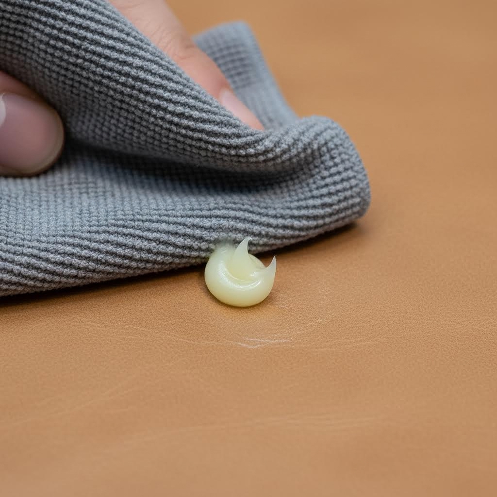 Applying Anaya Leather Care conditioner to a cleaned leather bag