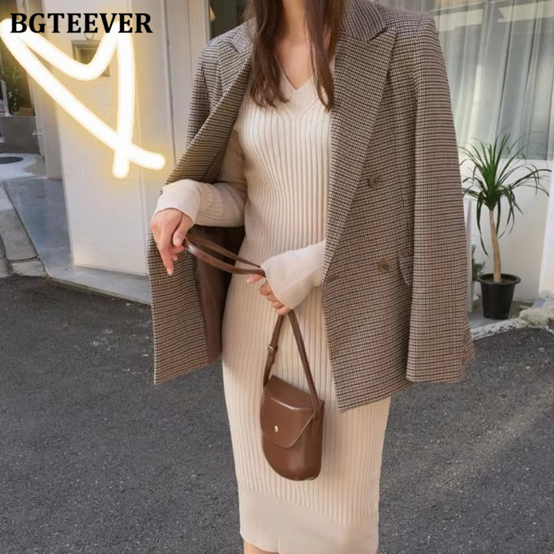 Miniatura: Women’s Vintage Plaid Long Blazer – Double Breasted Office Jacket