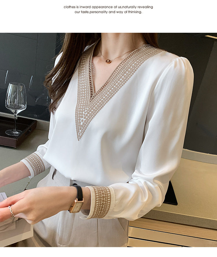 Miniatura: Women’s White Chiffon V-Neck Blouse – Embroidered Long Sleeve Top