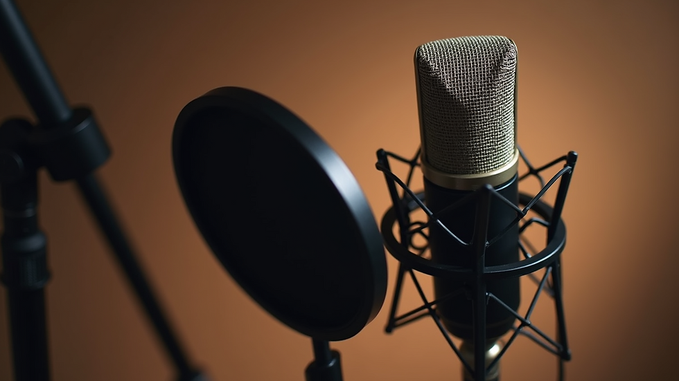 High angle view of a microphone and podcast recording setup