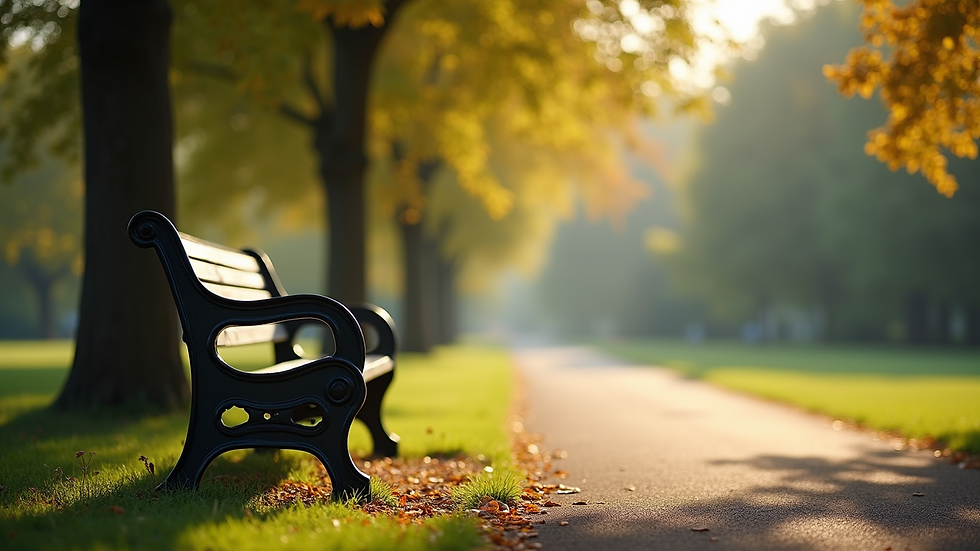 Wide angle view of a serene park bench in a peaceful setting