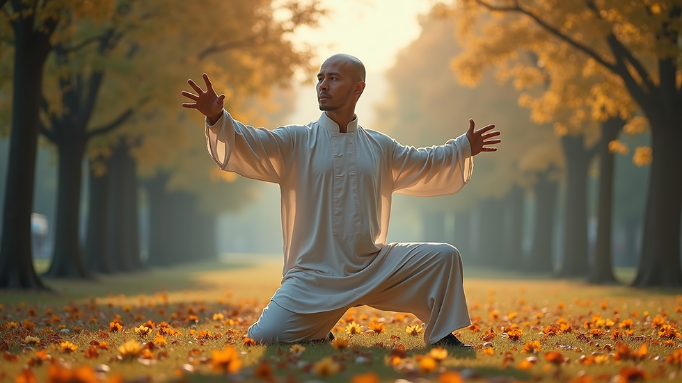 Eye-level view of a person practicing qigong in a quiet park
